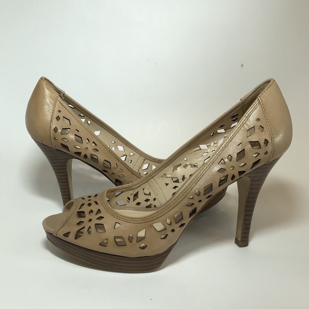 Franco Sarto Leather Peep Toe Heels Nude Cutout Platform Stiletto Women's 9.5M